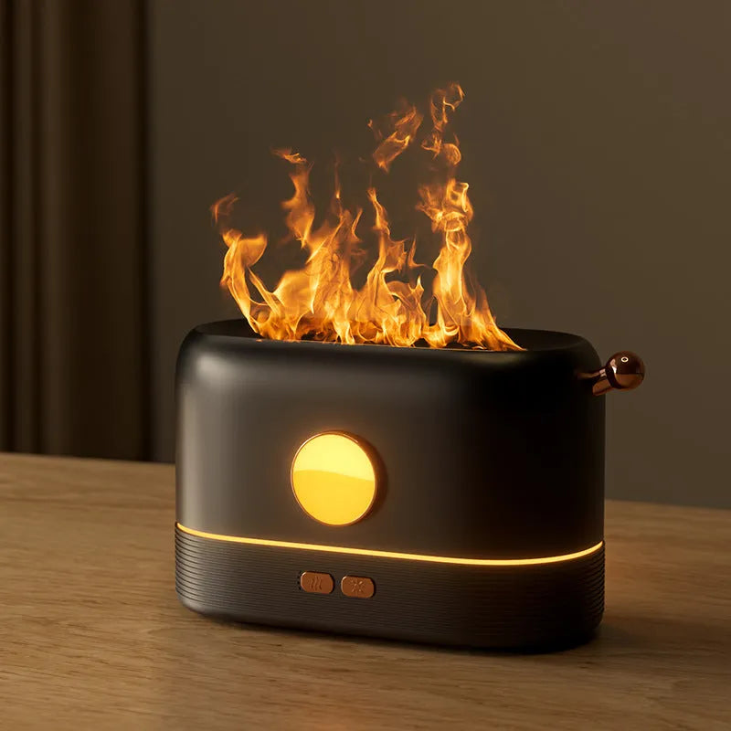 Black USB flame humidifier with 200ml water tank on wooden desktop with mist and simulated flame effect
