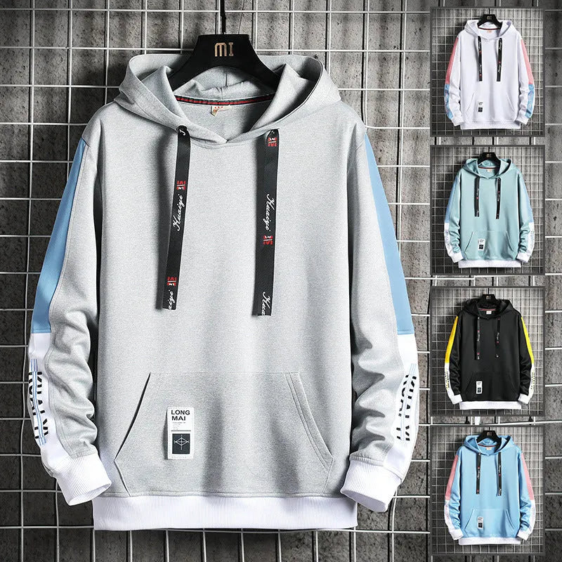 Men's casual loose fit hooded top in polyester, black colour option, front view