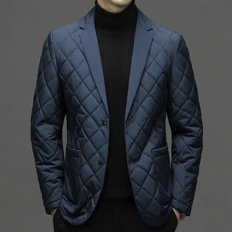 Men's thick winter down jacket with lapel collar in black, dark grey, or shrimp blue colour