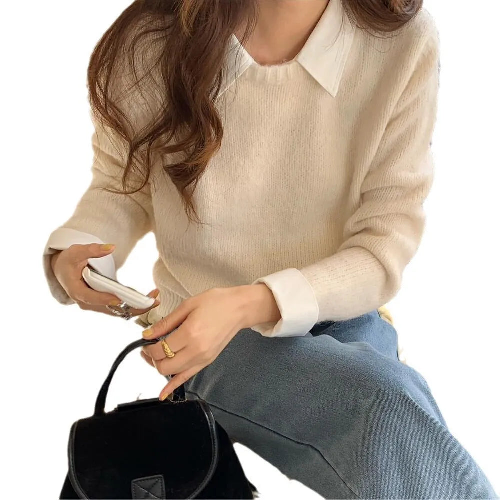 Idle Style contrast color lapels knitwear top for women, free size long sleeve polyester top in navy blue