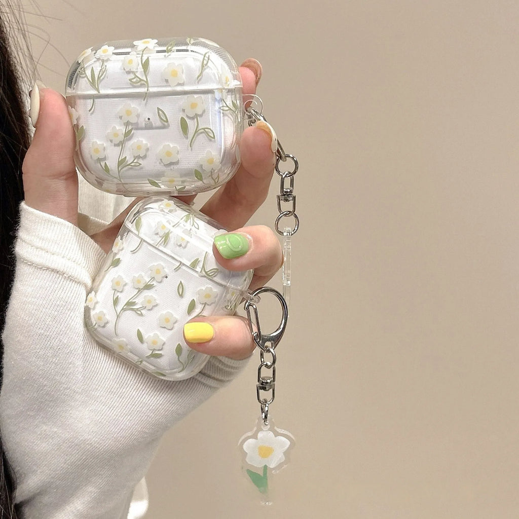 Clear TPU protective case with white floral pattern for Apple AirPods charging case