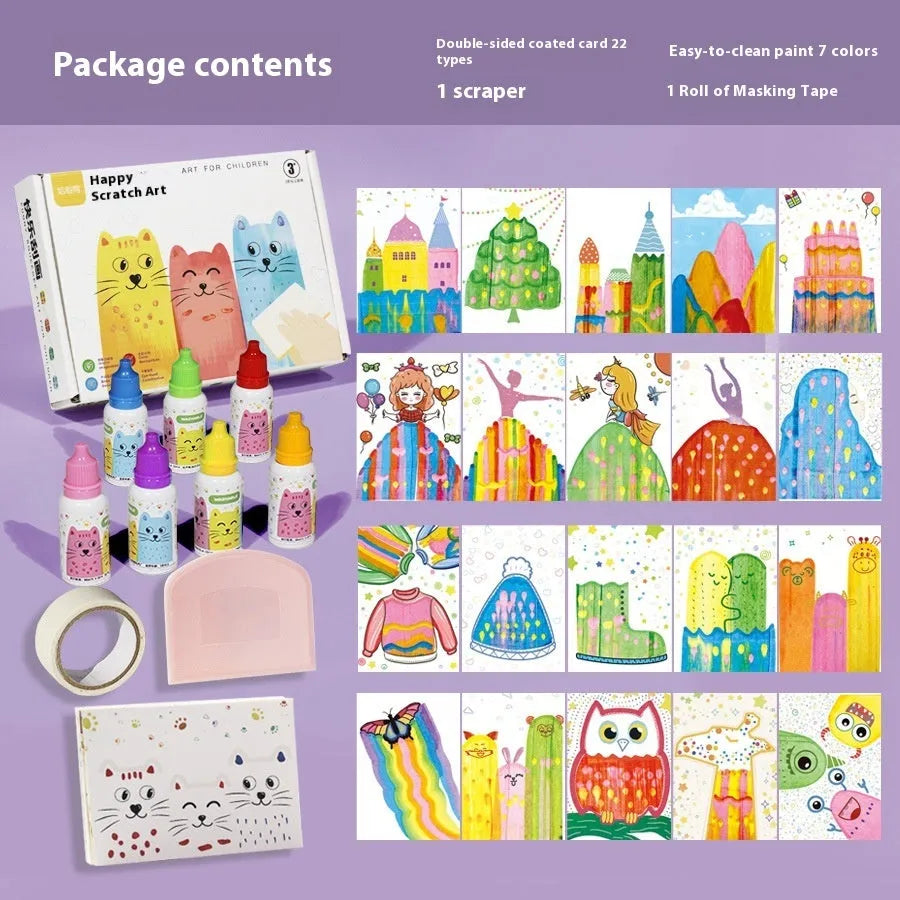 Children's Happy Scratch Painting Kit with 22 double-sided cards and scraper in colour box
