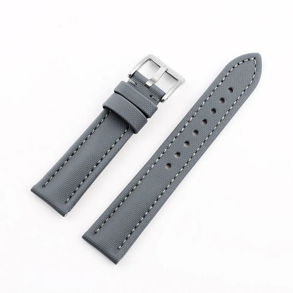 Oxford water-repellent cloth leather watch strap in beige with stitch detail on white background