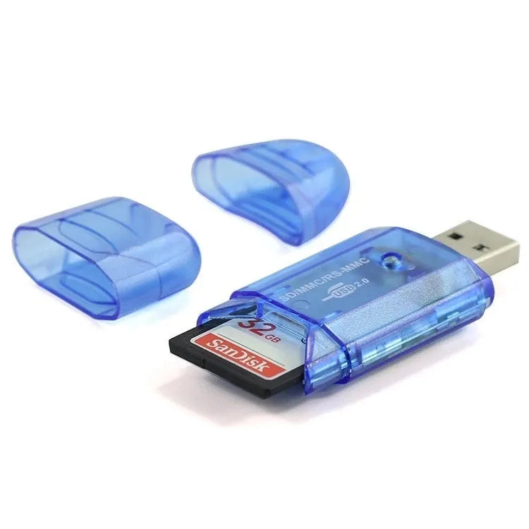 Transparent plastic USB card reader with LED light on a desk