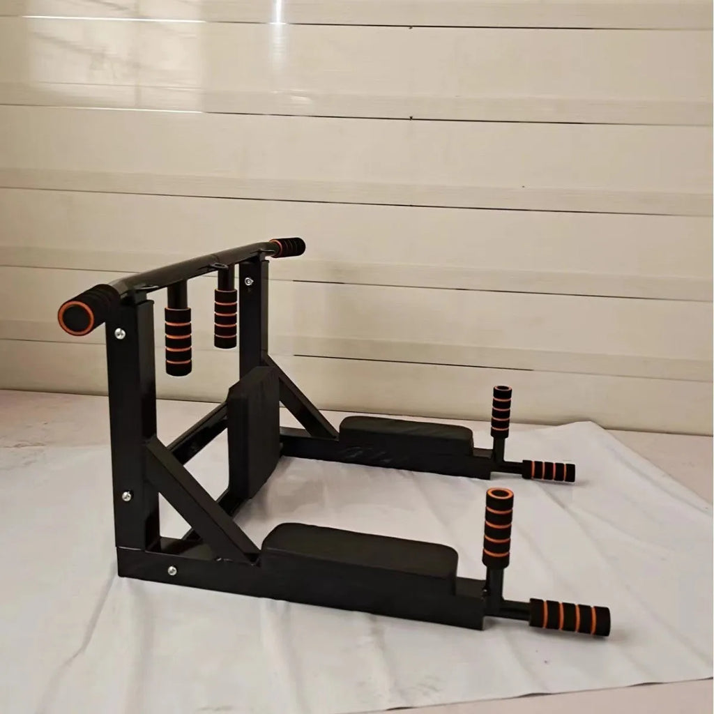 Black wall-mounted sandbag rack with integrated parallel pull-up bars for fitness training