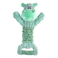 Large plush squeaky dog toy in hippo or monkey design with a handle for tug of war.