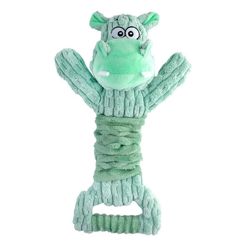 Large plush squeaky dog toy in hippo or monkey design with a handle for tug of war.