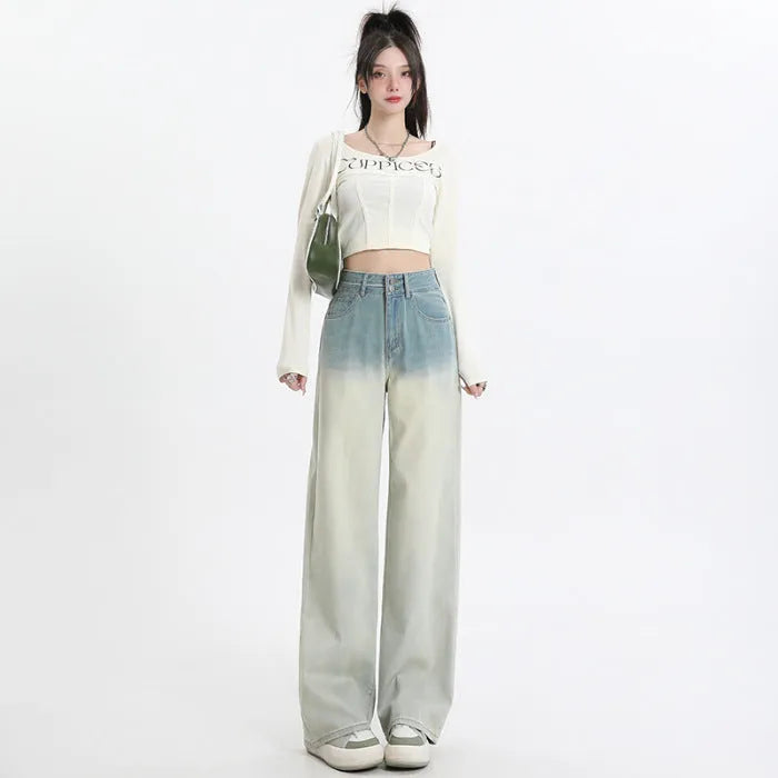 Gradient blue women's straight-leg trousers with wide-leg design and cotton composition