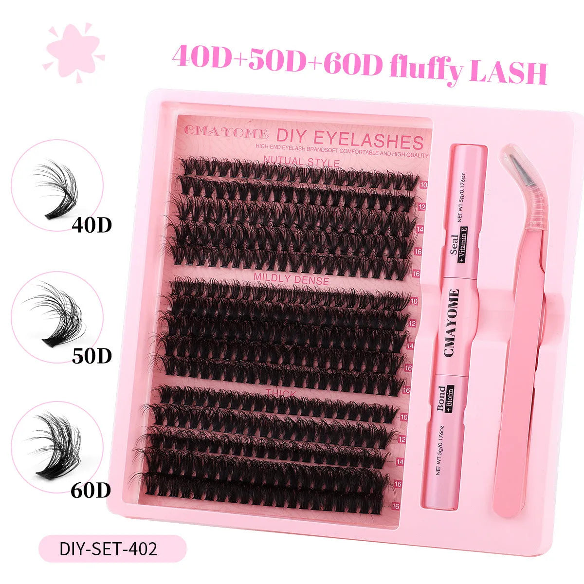 DIY false eyelash extension suit showing single cluster lashes and application tweezers