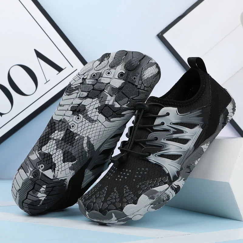 Men's and women's quick-drying wading beach shoes with mesh upper, non-slip rubber sole, and front lace-up design in multiple colours