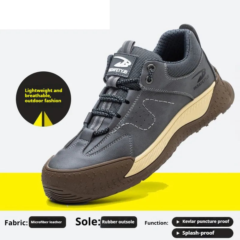 Flyknit work safety shoes in leather with rubber sole for construction and warehouse use