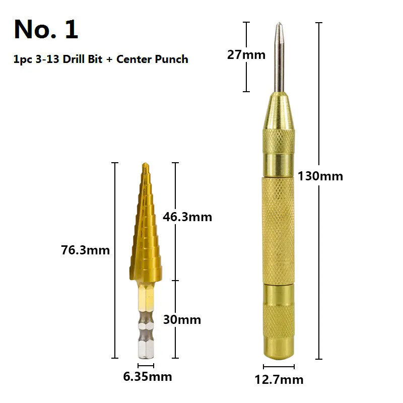 High-speed steel cone step drill bits and a centre punch set on a workshop bench