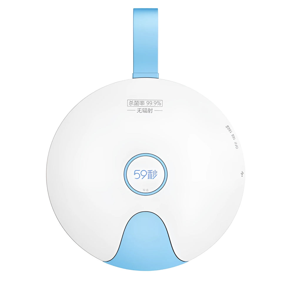 Blue portable baby bottle sterilizer with USB port showing compact 163.6mm design