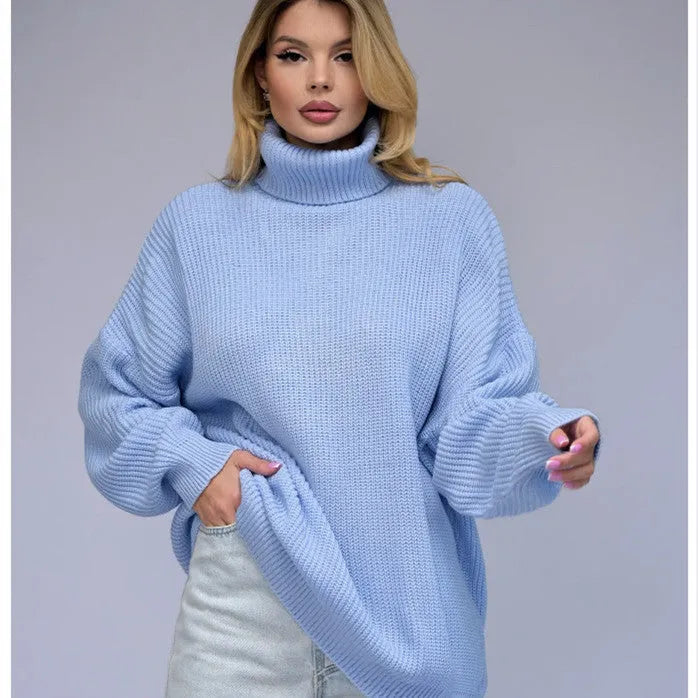 Women's high neck loose fit pullover sweater in thick imitation cashmere fabric, solid colour option shown.