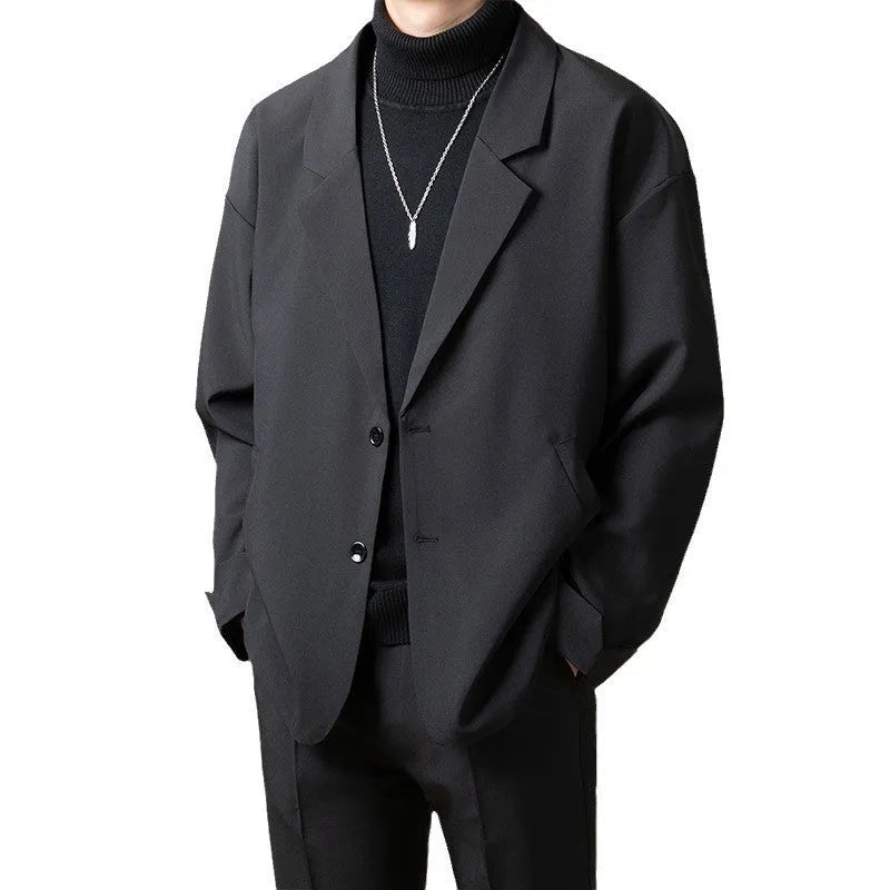 Men's loose fit casual suit jacket in polyester blend fabric showing apricot colour option