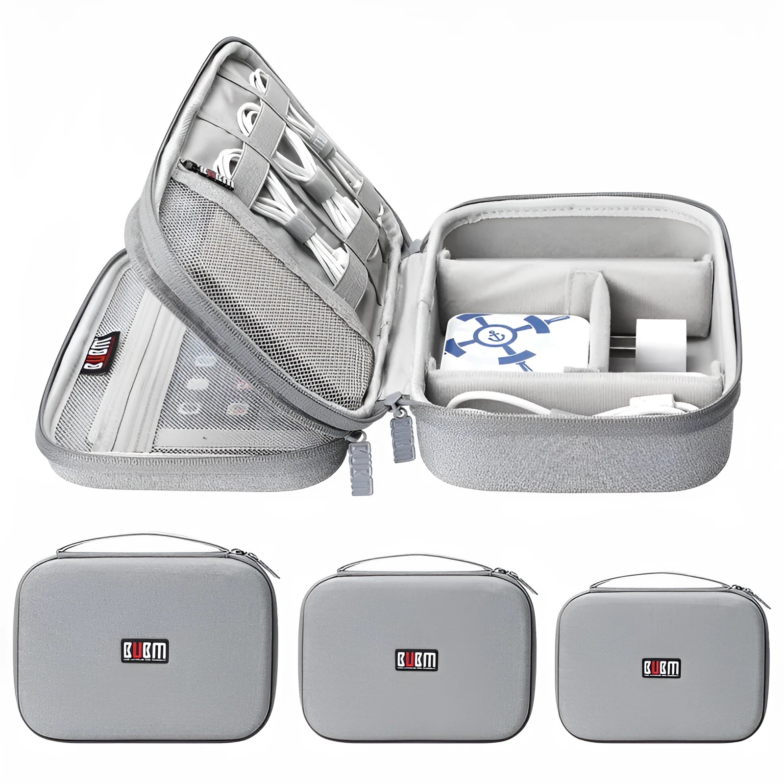 Black EVA digital storage bag with open compartment showing cable organisation