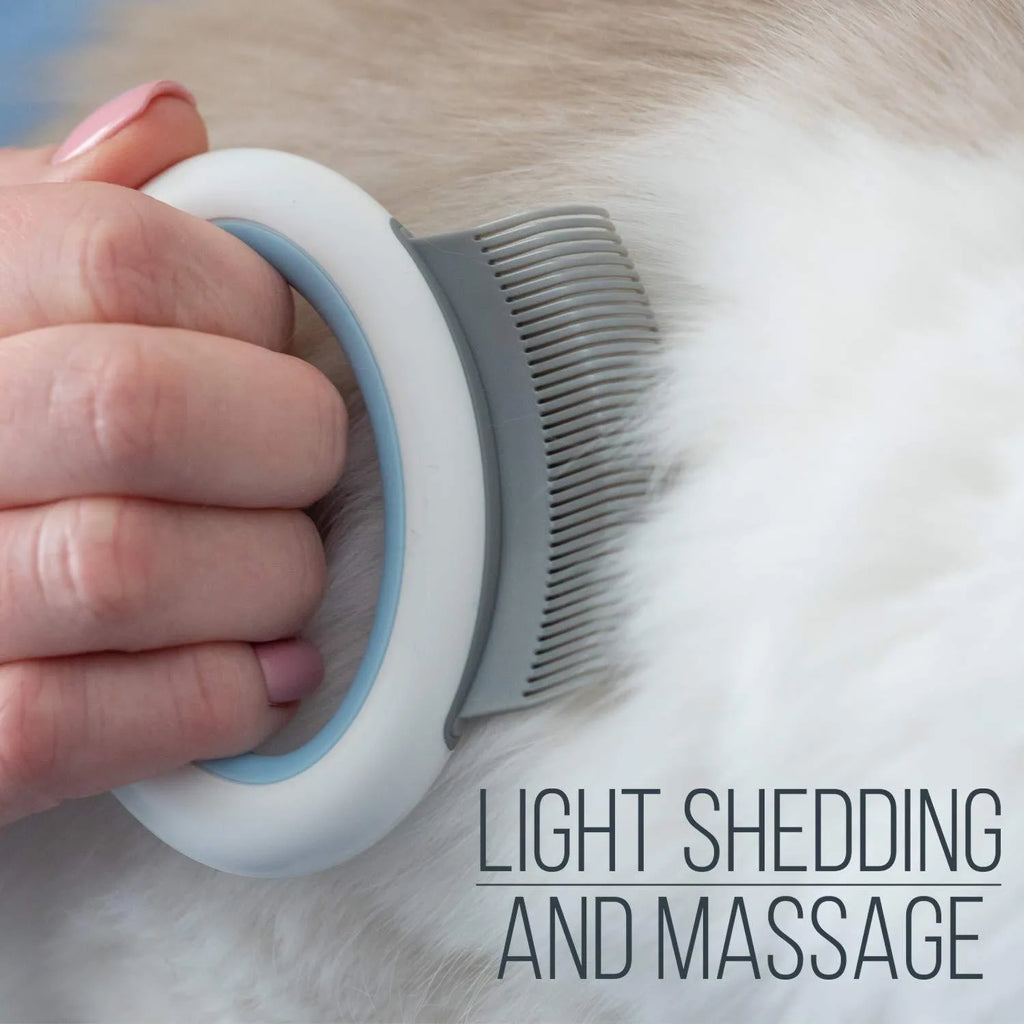 Blue plastic pet grooming comb with soft teeth for removing cat and dog hair