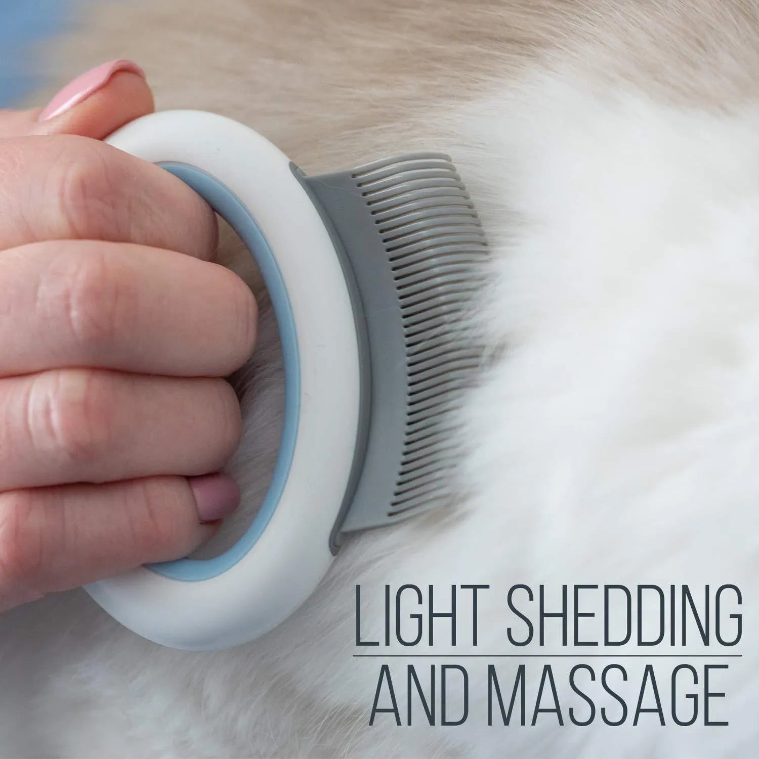 Blue plastic pet grooming comb with soft teeth for removing cat and dog hair