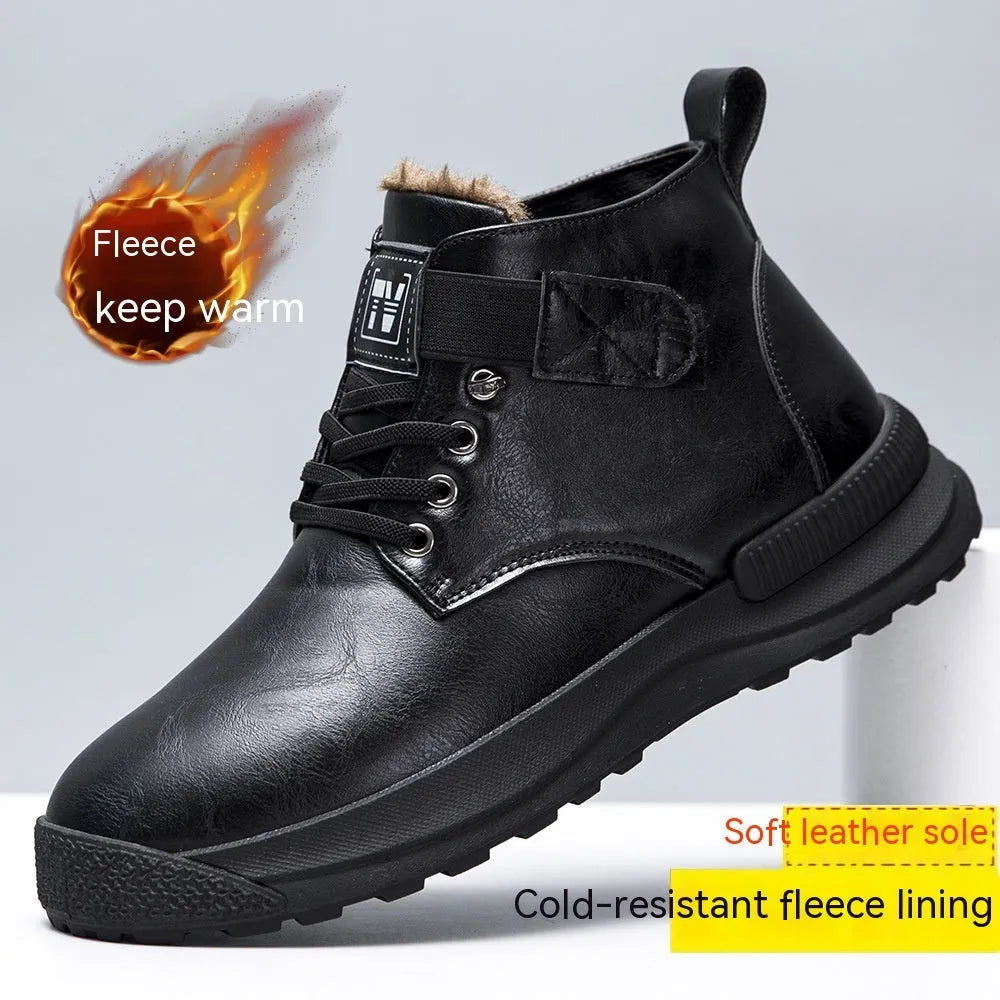 Black high-top Martin platform boots with velvet finish and rubber sole