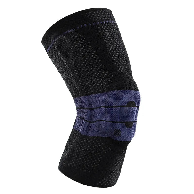 A pair of adult sports kneecaps in nylon and spandex, shown in black and blue colour, for knee protection.