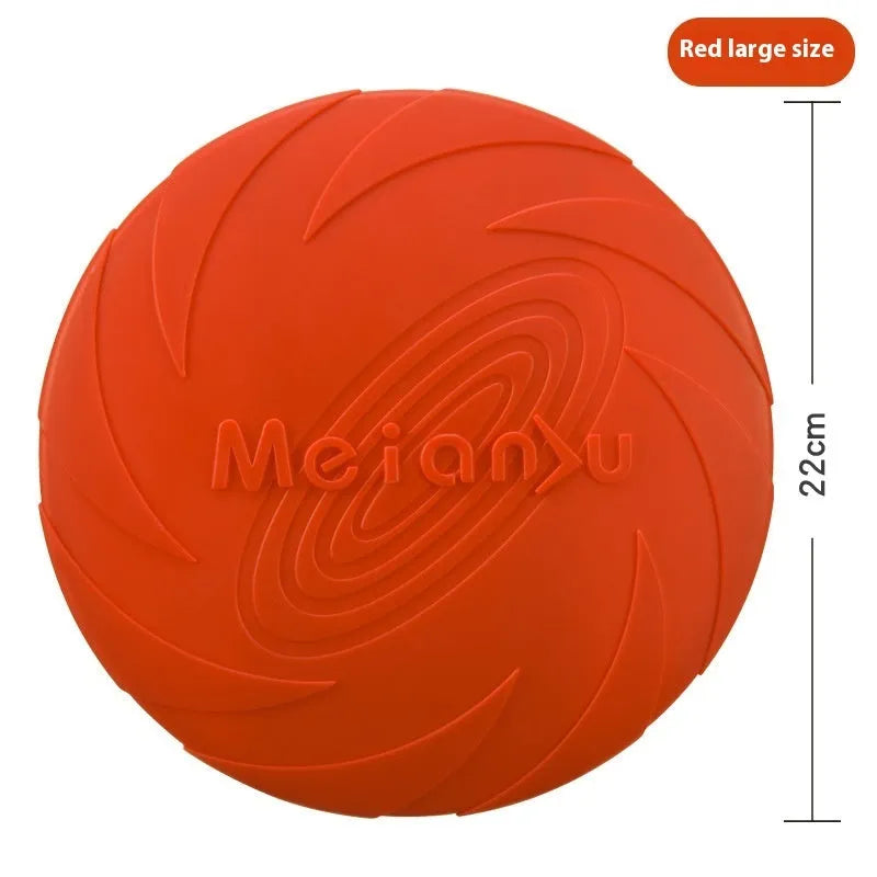 Soft rubber dog frisbee fetch toy shown in blue, green, and red colours for small, medium, and large sizes.