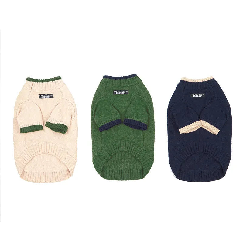 A Crown Blue two-leg pet sweater for a dog, made from wool blend fabric.