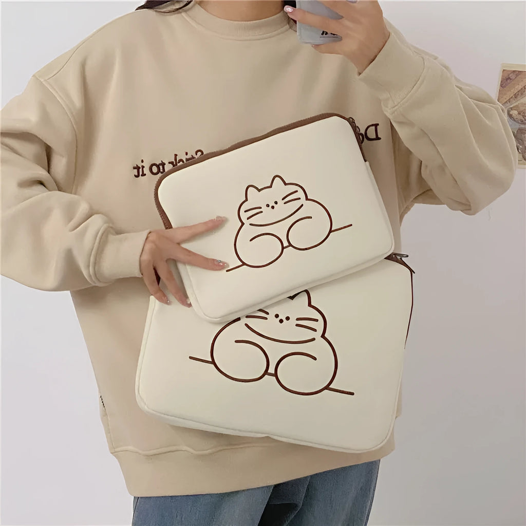 Embroidered cat design tablet protective sleeve with zipper opening in nylon material