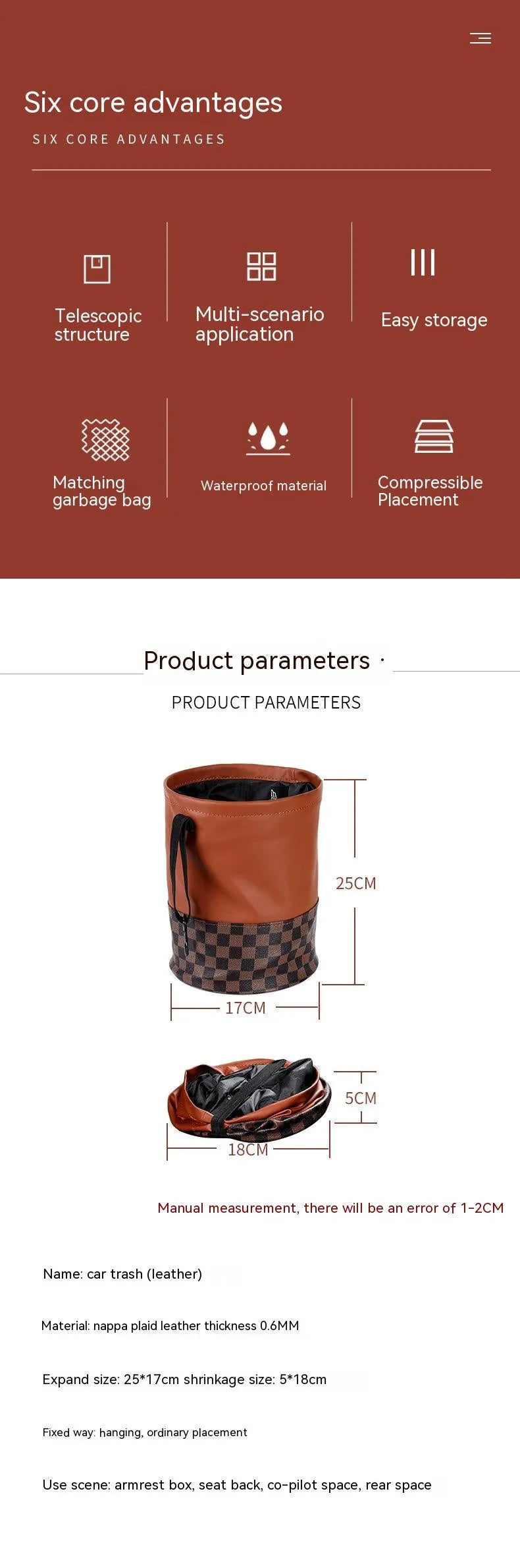 Leather retractable car trash can shown in folded and open states, with handle and waterproof construction.