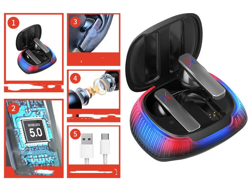 Hall Flashing wireless gaming earplug headset in black or white with Bluetooth 5.0