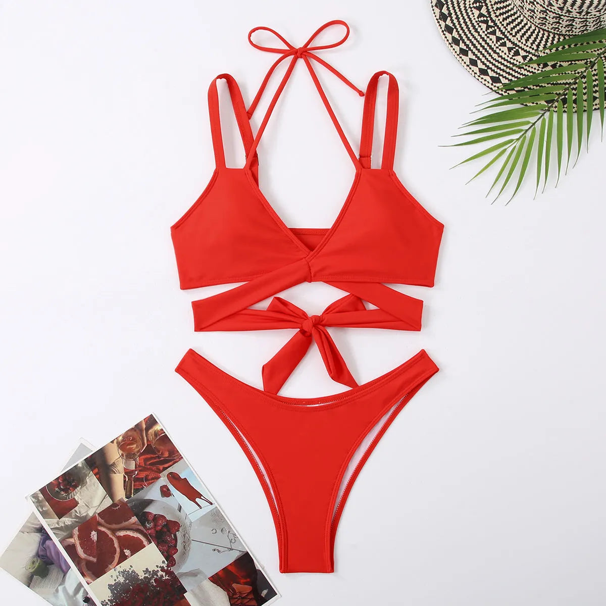 Women's solid colour bikini swimsuit with adjustable straps on triangle top in black, blue, red, rose red, or white
