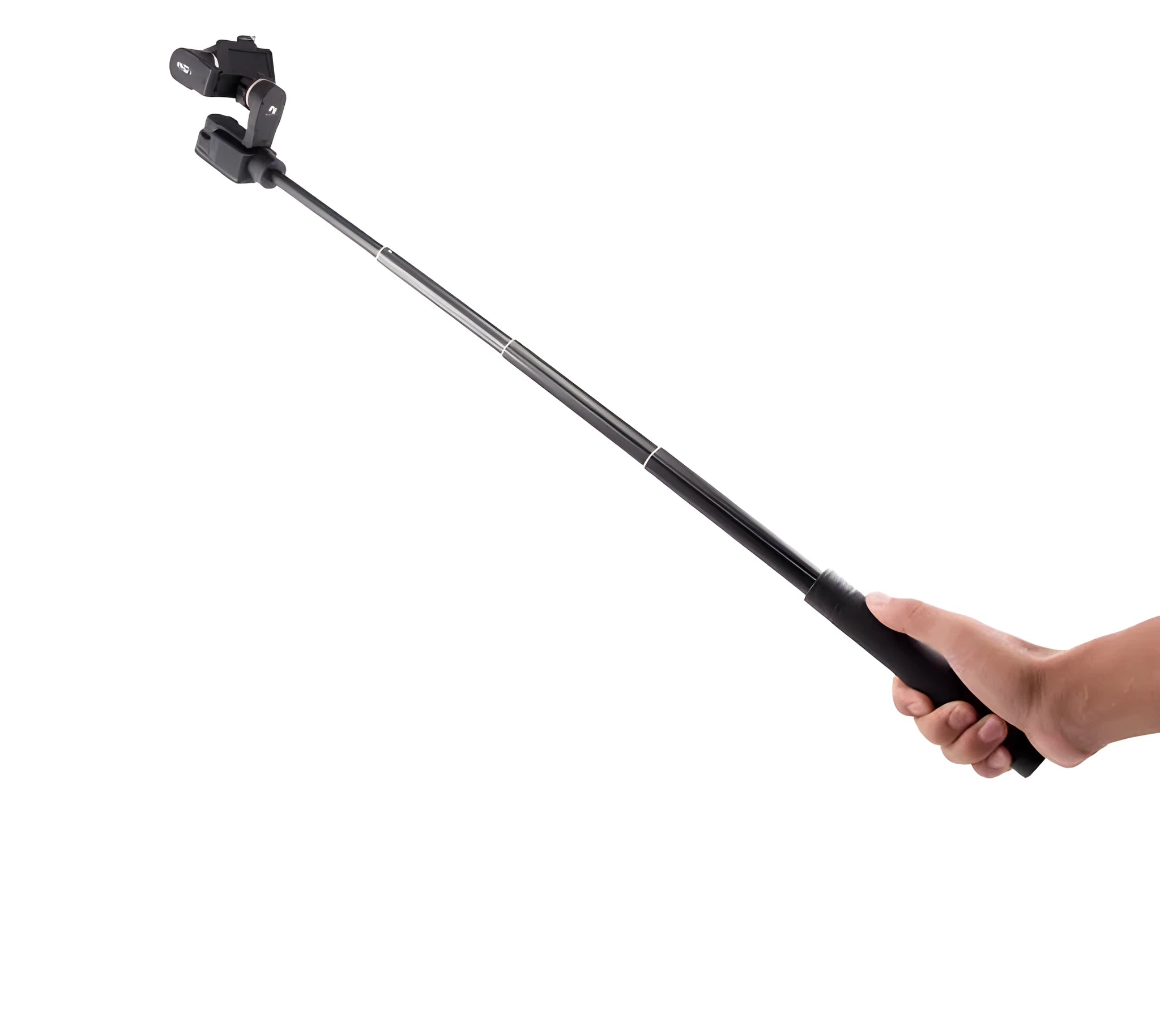 Black aluminium retractable selfie stick with stabilizer, shown extended and with built-in tripod stand.