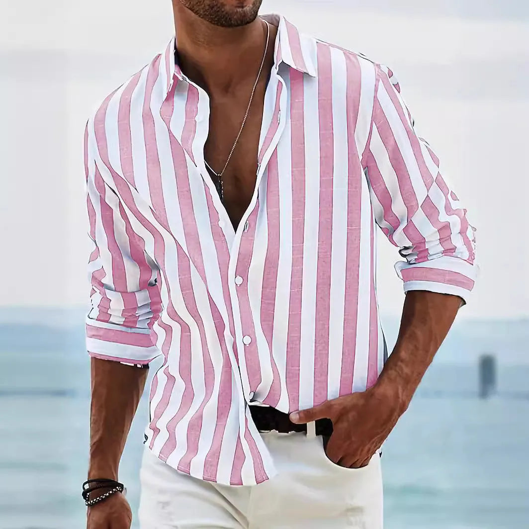 Men's striped casual shirt in loose fit with long sleeves and cardigan style