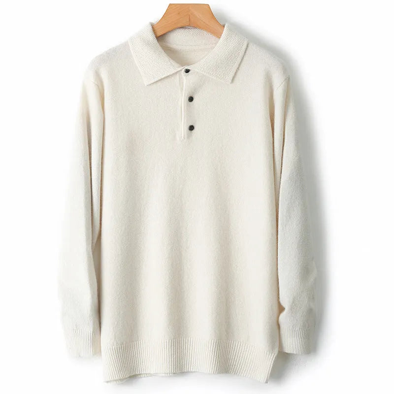 Men's wool polo collar pullover sweater in noble blue colour, showing long sleeves and collar detail.
