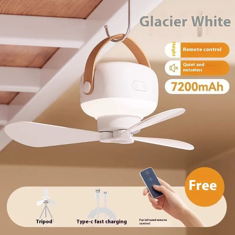Small white rechargeable ceiling fan with blades and LED light, shown with remote control and charging cable.
