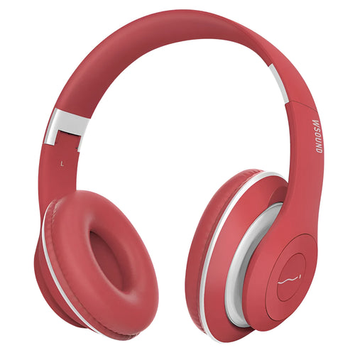 Blue and red Bluetooth wireless stereo headset with ear cups for both ears.