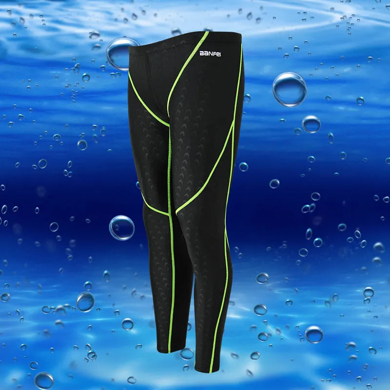 Men's black cropped nylon swimming trunks with mesh lining, shown on size chart