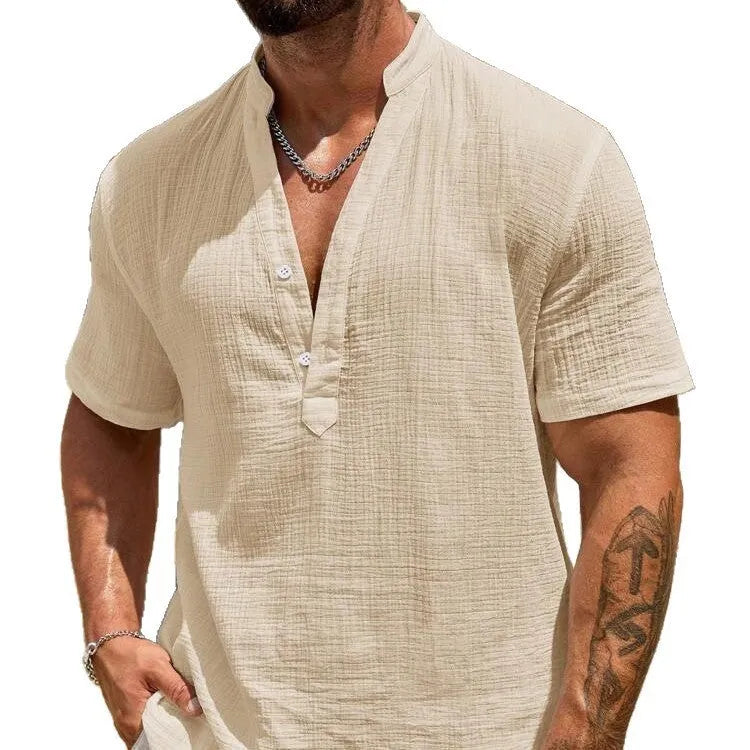 Men's solid colour short sleeve casual shirt with stand collar in a light blue shade.