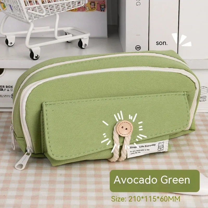 Large capacity Korean style canvas pencil case storing multiple pens in green colour option