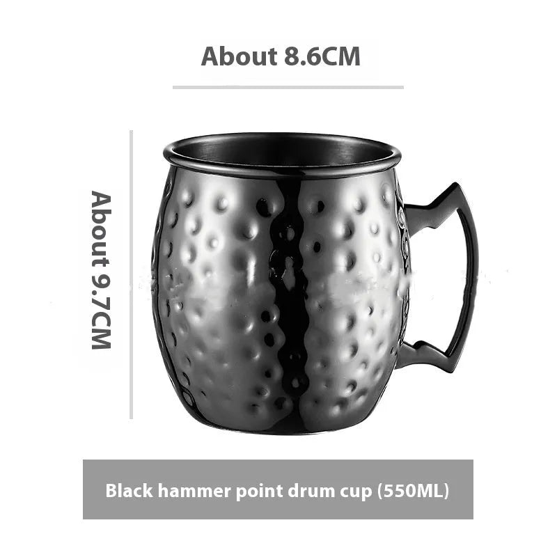 Stainless steel Moscow Mule cup with copper-plated finish in hammered and plain styles.