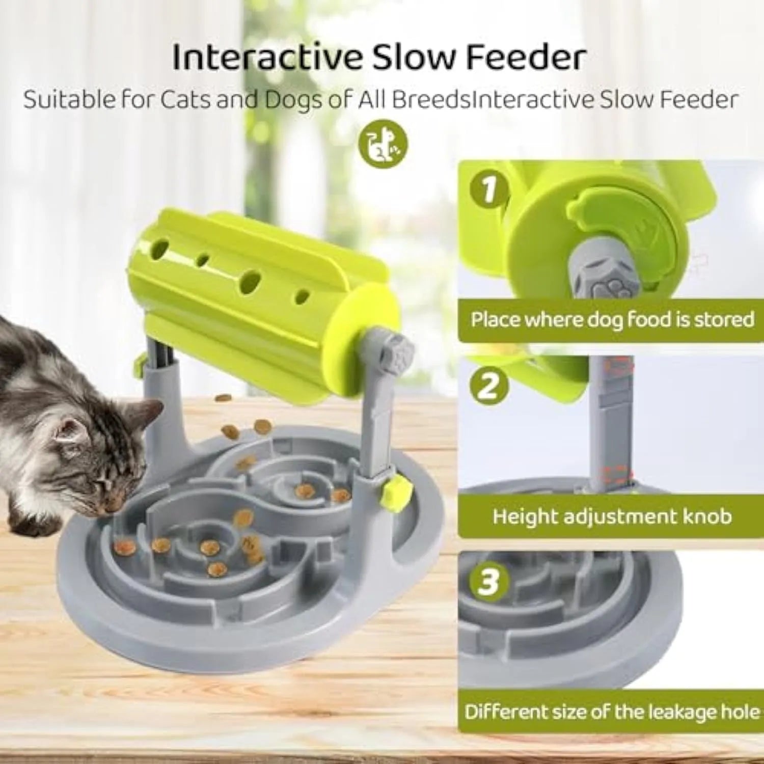 Interactive pet puzzle slow feeder bowl with adjustable height in blue green pink colours