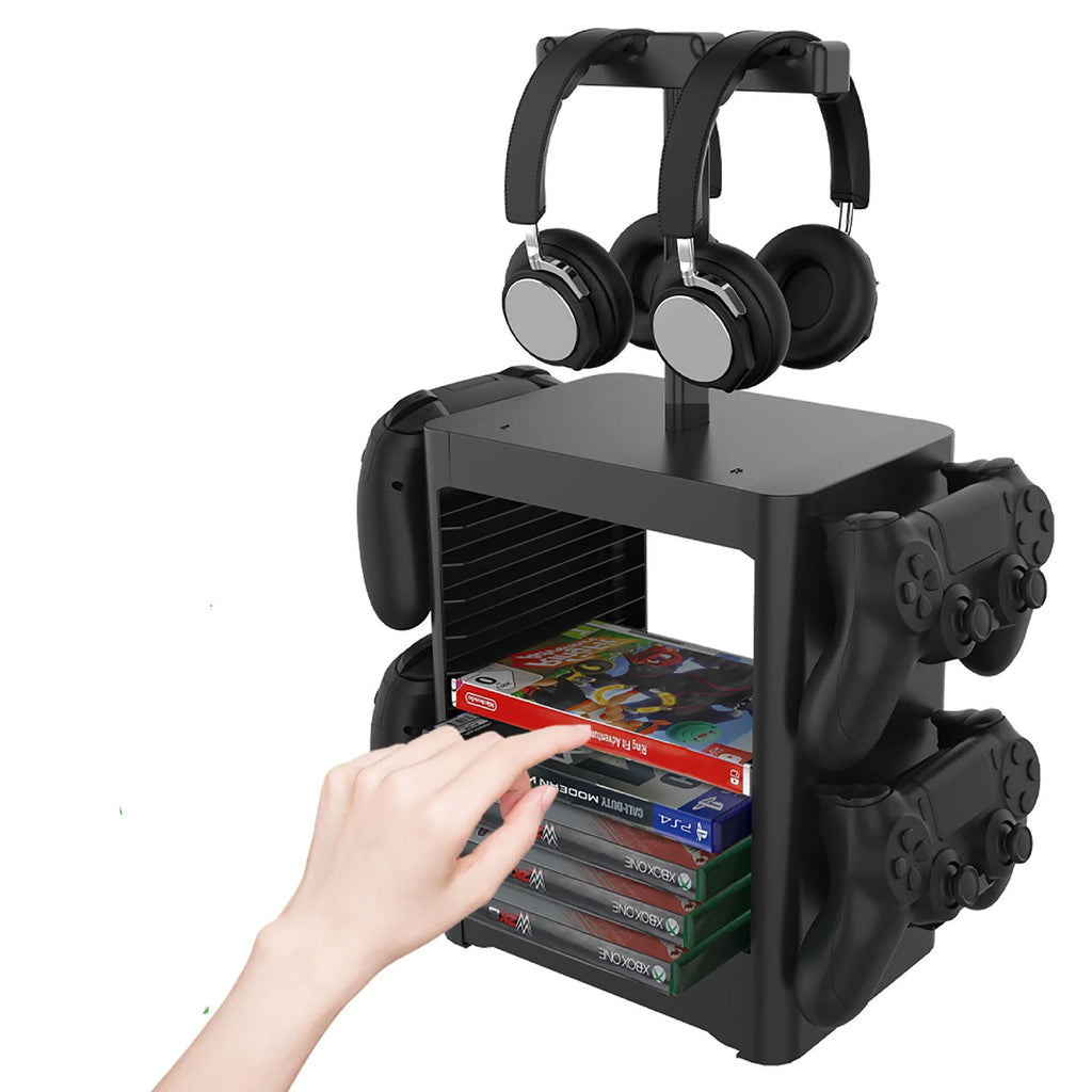 Black gaming controller storage rack with headphone platform, side hooks and bottom drawer