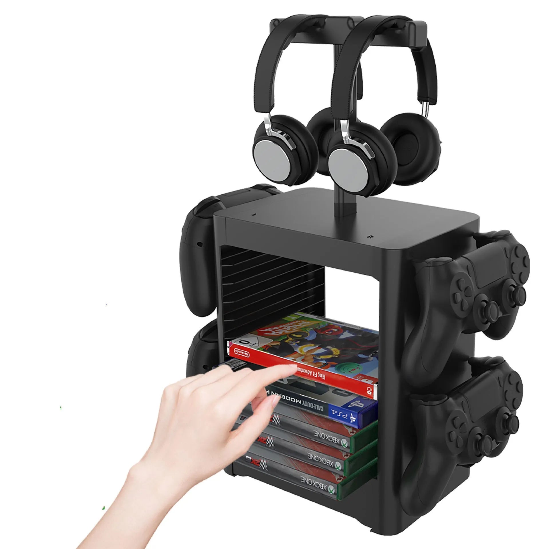 Black gaming controller storage rack with headphone platform, side hooks and bottom drawer