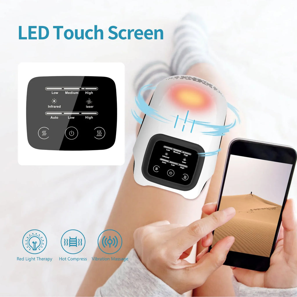 Rechargeable knee massager with intelligent kneading heating and infrared laser vibration in white or wood colour
