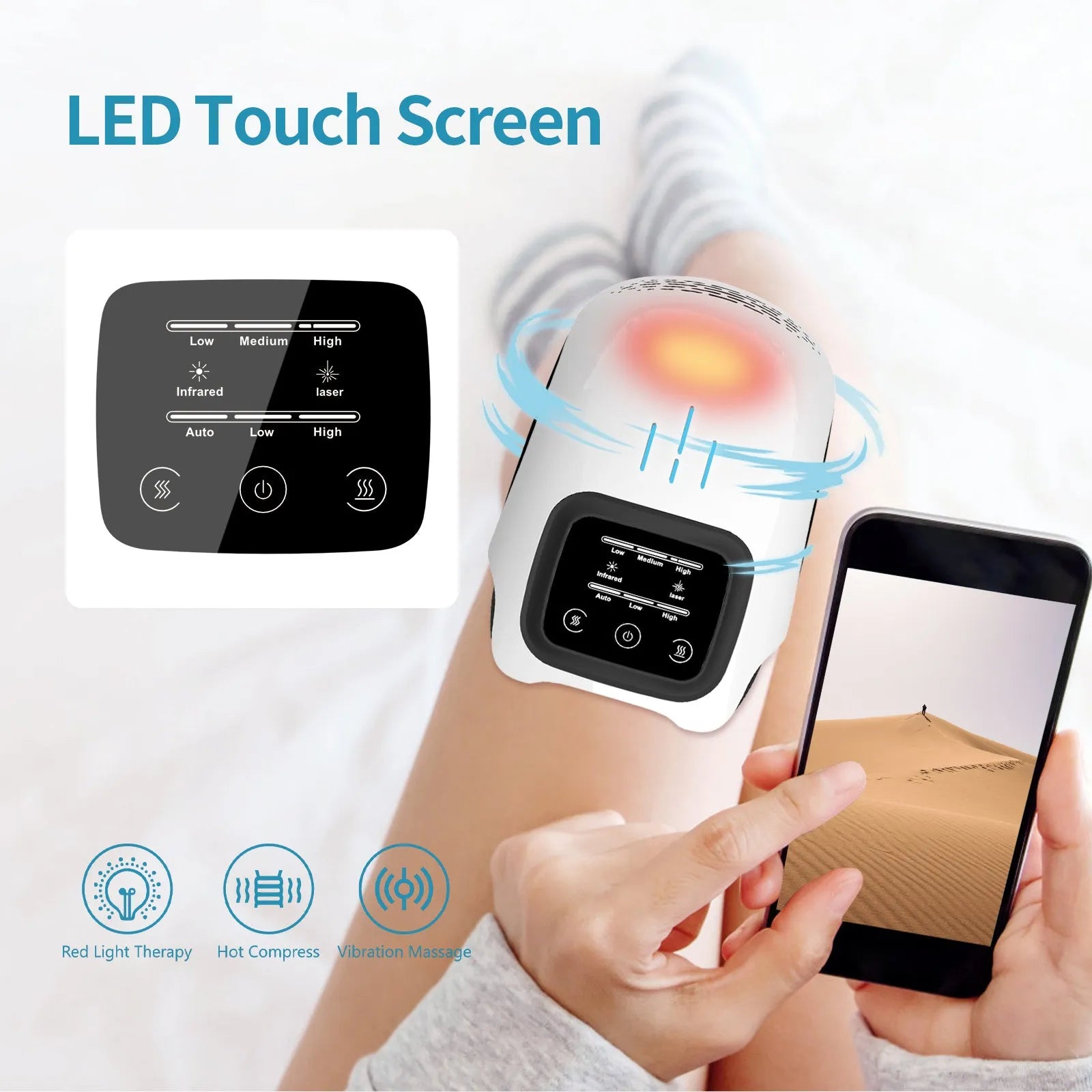 Rechargeable knee massager with intelligent kneading heating and infrared laser vibration in white or wood colour