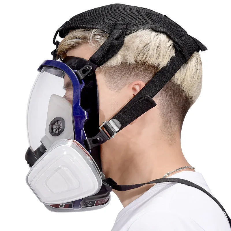 Spherical silicone gas mask with trapezoidal canister and blue edge detailing