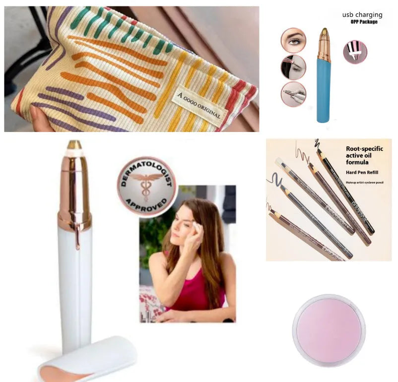 Eyebrow epilator pen with gold plated head and LED light on pink background