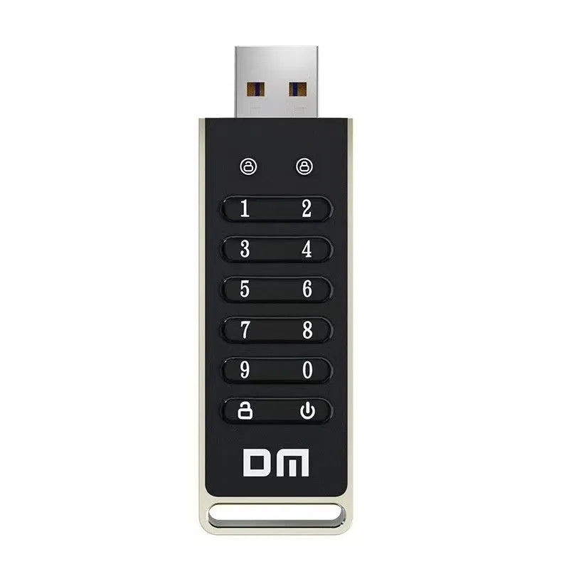 Metal encrypted USB flash drive with fingerprint sensor showing 64GB capacity and USB 3.0 interface