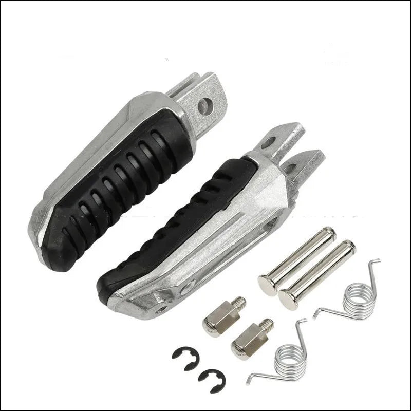 Black aluminium alloy motorcycle footpegs set for Suzuki models on a white background.
