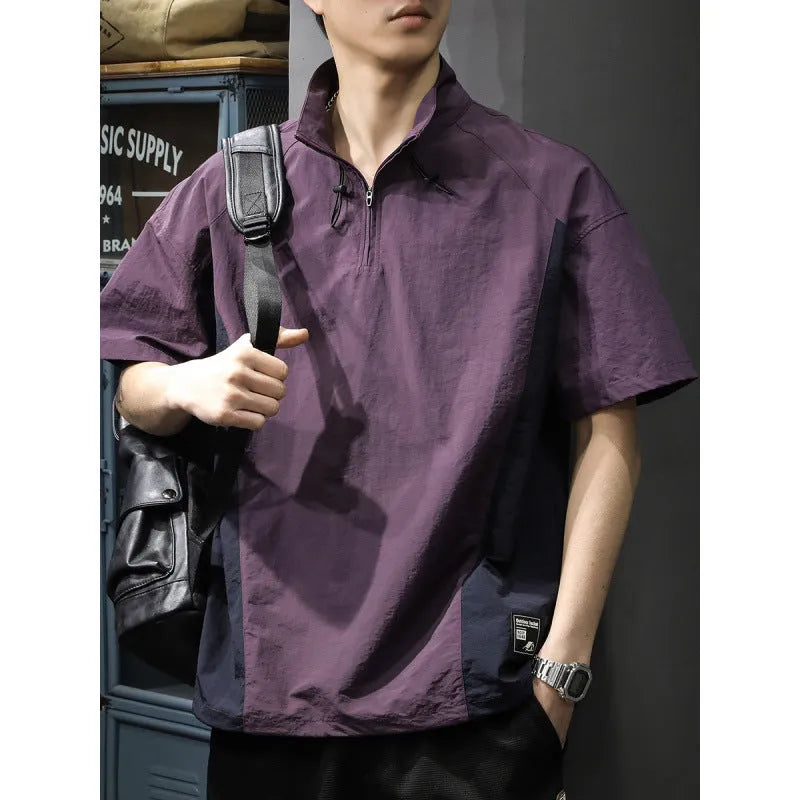 Men's brown half-zipped stand collar business casual shirt with short sleeves and ice silk fabric