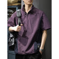 Men's brown half-zipped stand collar business casual shirt with short sleeves and ice silk fabric